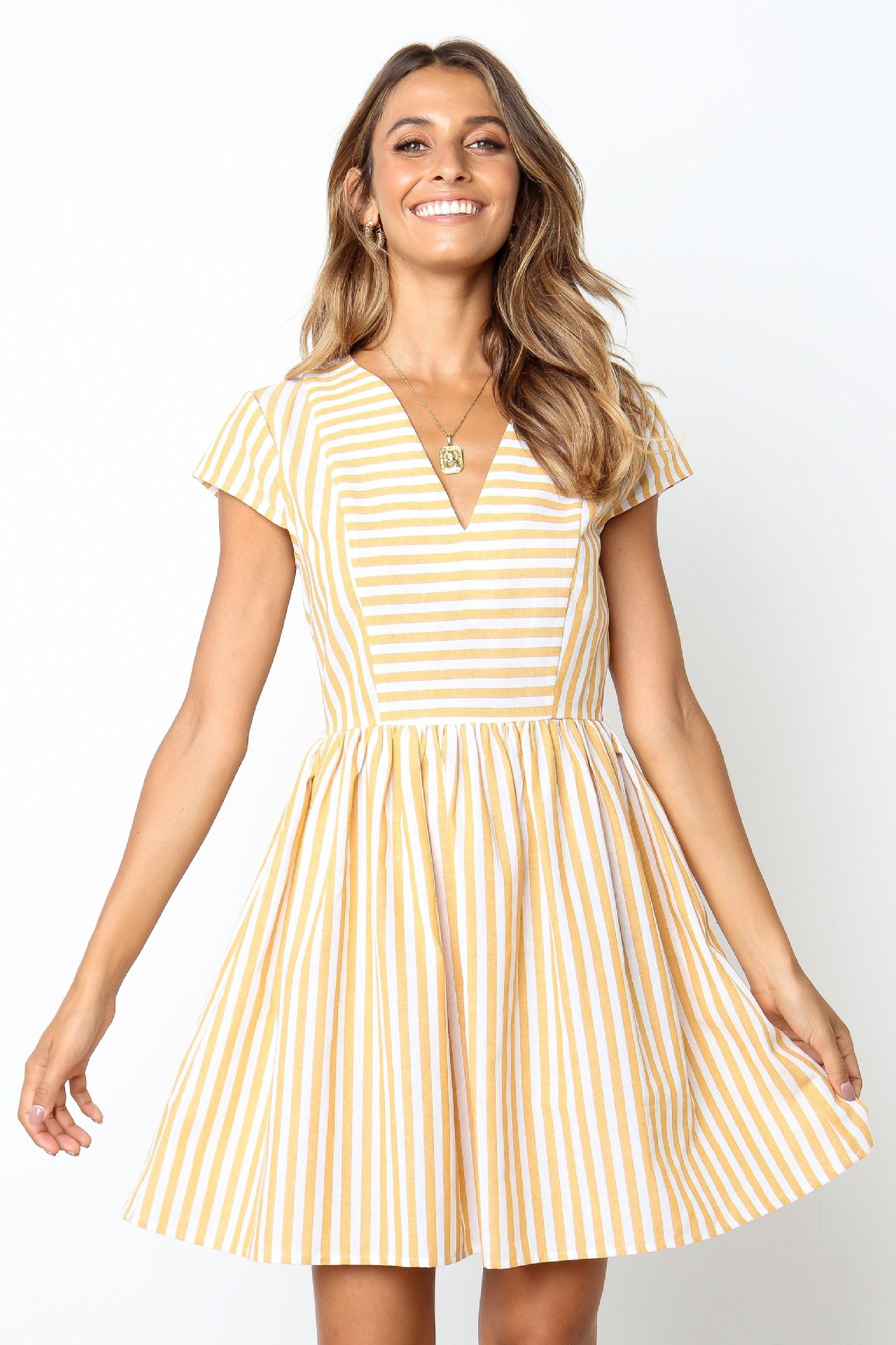 short-sleeved v-neck striped stitching loose dress Nihaostyles wholesale clothing vendor NSJRM72217