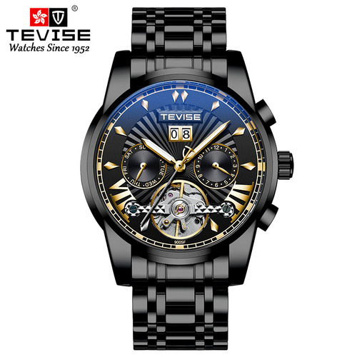 Swiss TEVISE Fashion Business Men's Mechanical Watch, Waterproof Tourbillon Steel Strap Watch, Multi-functional Men's Watch