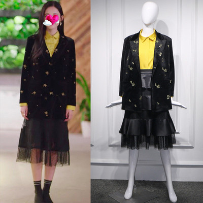 十年三月三十日古力娜紮袁萊同款西裝外套黑色絲絨刺繡修身西服