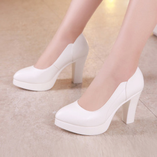White High-heeled Thick-heeled Work Shoes Women's Professional Work Shoes Pointed Toe Middle-aged and Elderly Mother Shoes Cheongsam Show Women's Single Shoes
