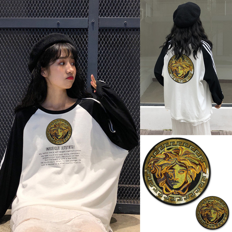 大小号刺绣亮片美杜莎圆形布贴 衣服羽绒服补丁贴服装辅料装饰贴