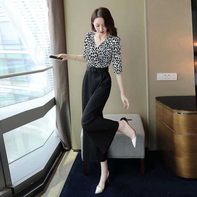 Fashion leopard-print broad-legged pants new summer Chiffon suit 