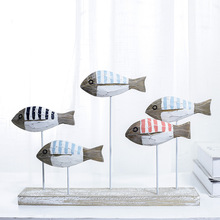 地中海風格魚群彩色實木雕刻魚海洋系列木質工藝品原木做舊套三魚