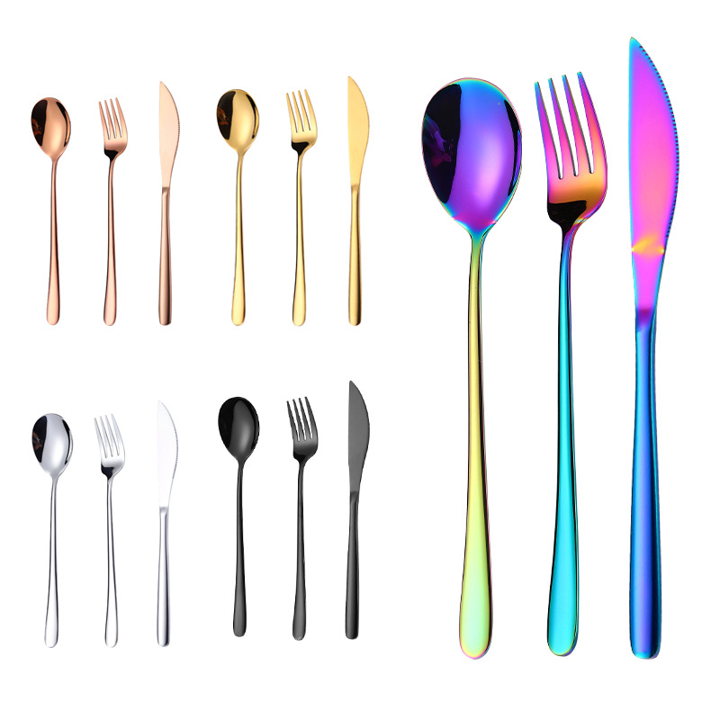 Korean 304 Stainless steel knife Fork spoon tableware hotel Long handle Steak knife Western suit Titanium color tableware