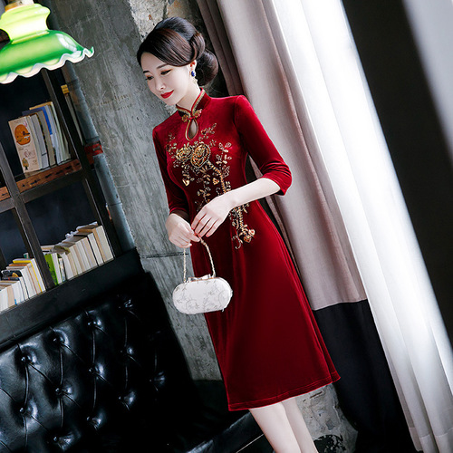 Chinese Dress Qipao for women Autumn new velvet handmade cheongsam dress