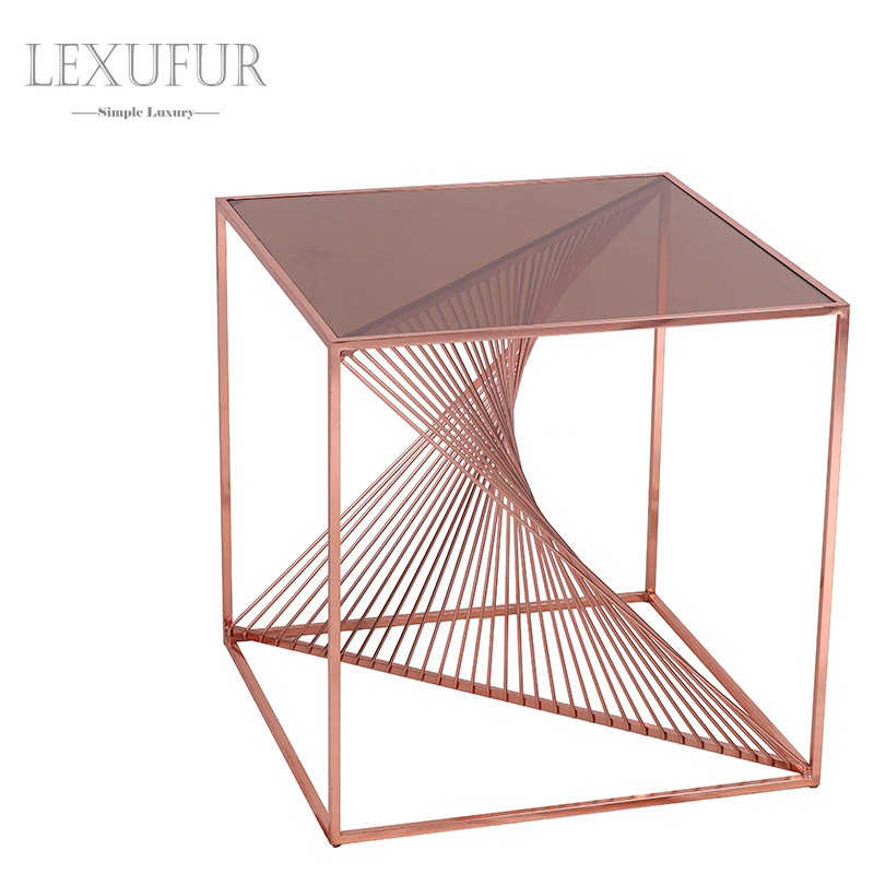 欧式设计师玫瑰金茶几轻奢玻璃方形铁线边桌简约家用现代阳台桌子