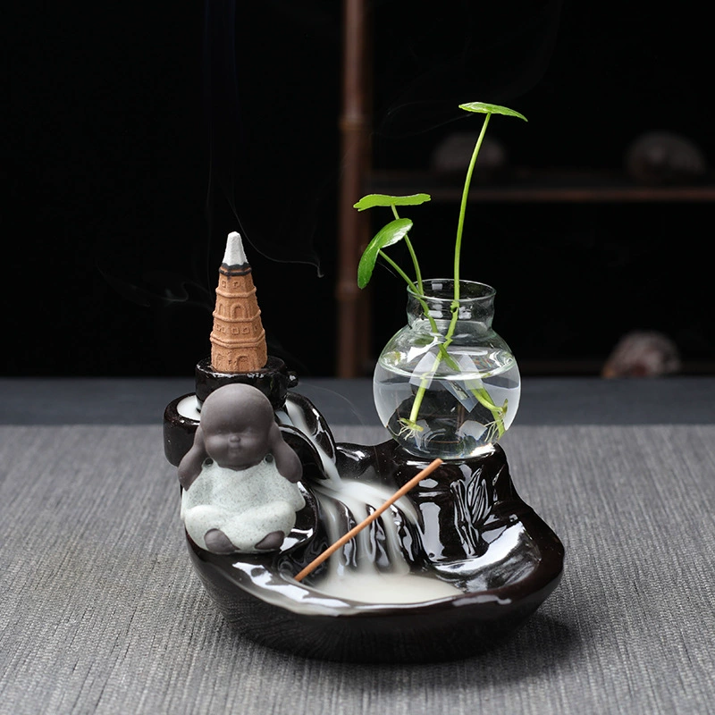  ceramic backflow incense burner (zisha) with xiao monk, flowing water design, home & office