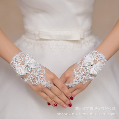 Wedding Gloves Etiquette White Short Gloves Bow Diamond Lace Fingerless Beautiful Wedding Dress Accessories