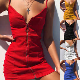ebay亚马逊爆款欧美圆环拉链包臀性感吊带连衣裙2021夏季新款女装
