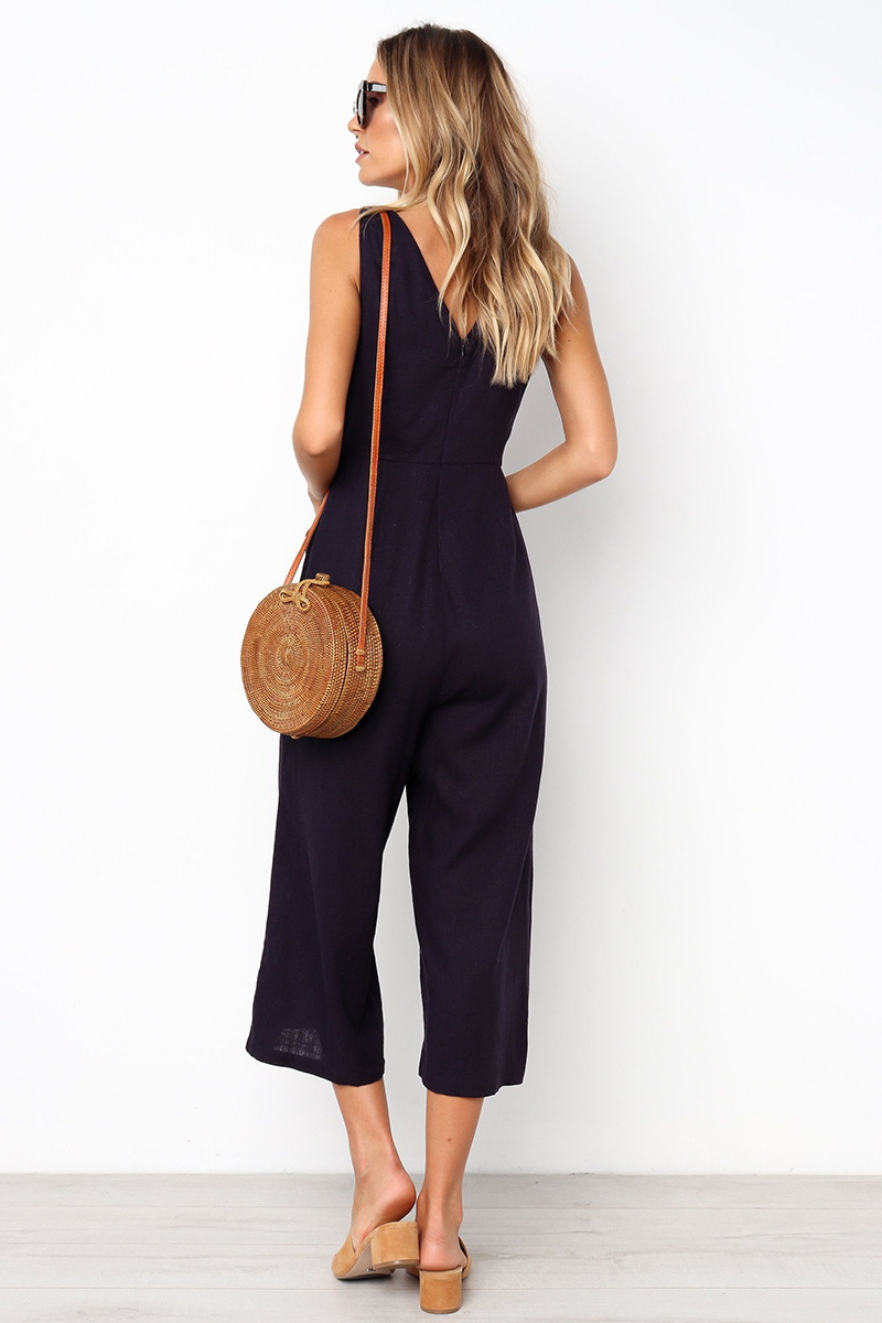 fashion pocket zipper V-neck buttoned jumpsuit NSYD35369