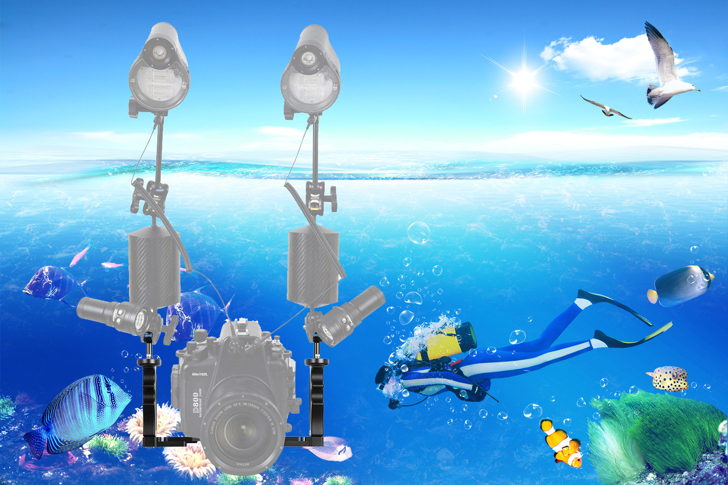 相機雙握把托盤水下攝影配件裝備潛水手電筒罩支架雙手持補光燈臂