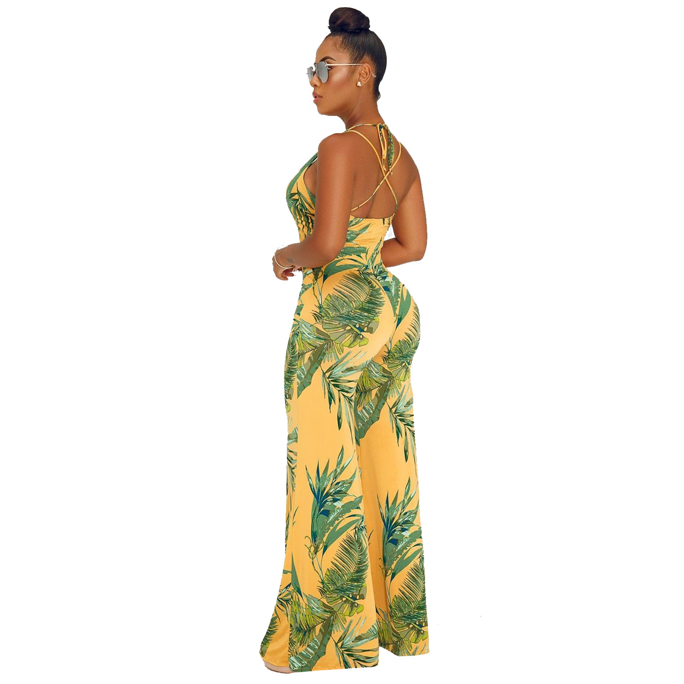 print wrap chest hanging neck backless wide-leg jumpsuit NSFBS125997