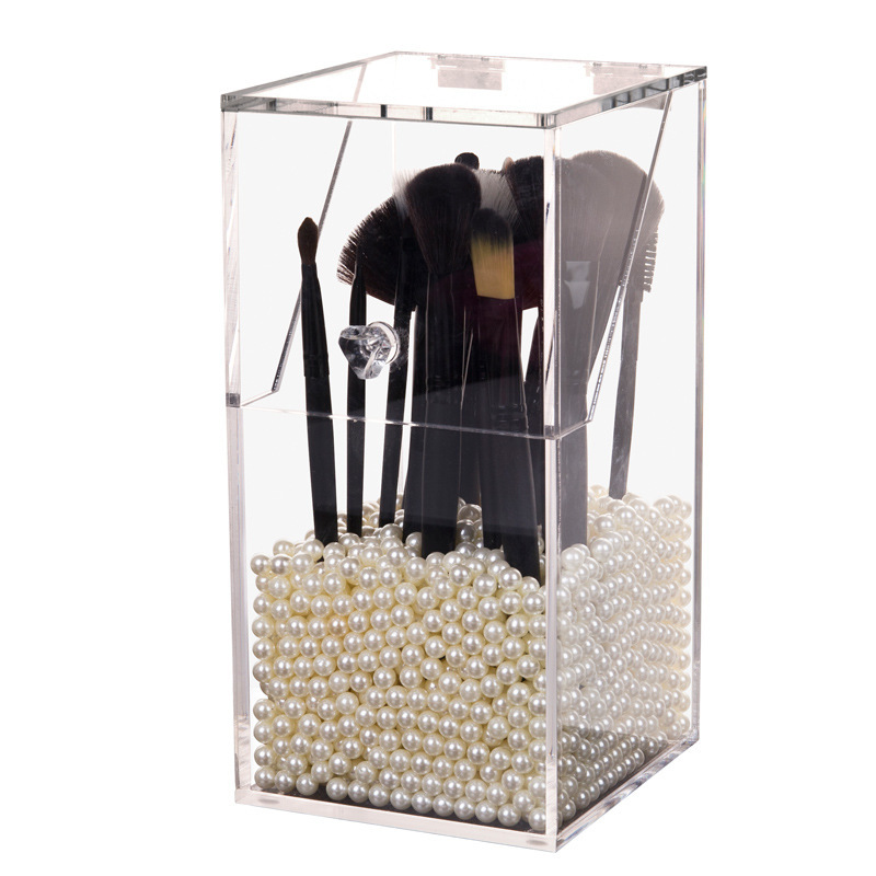 亚克力翻盖化妆刷收纳筒珍珠方形收纳盒化妆棉棉防尘刷具桶