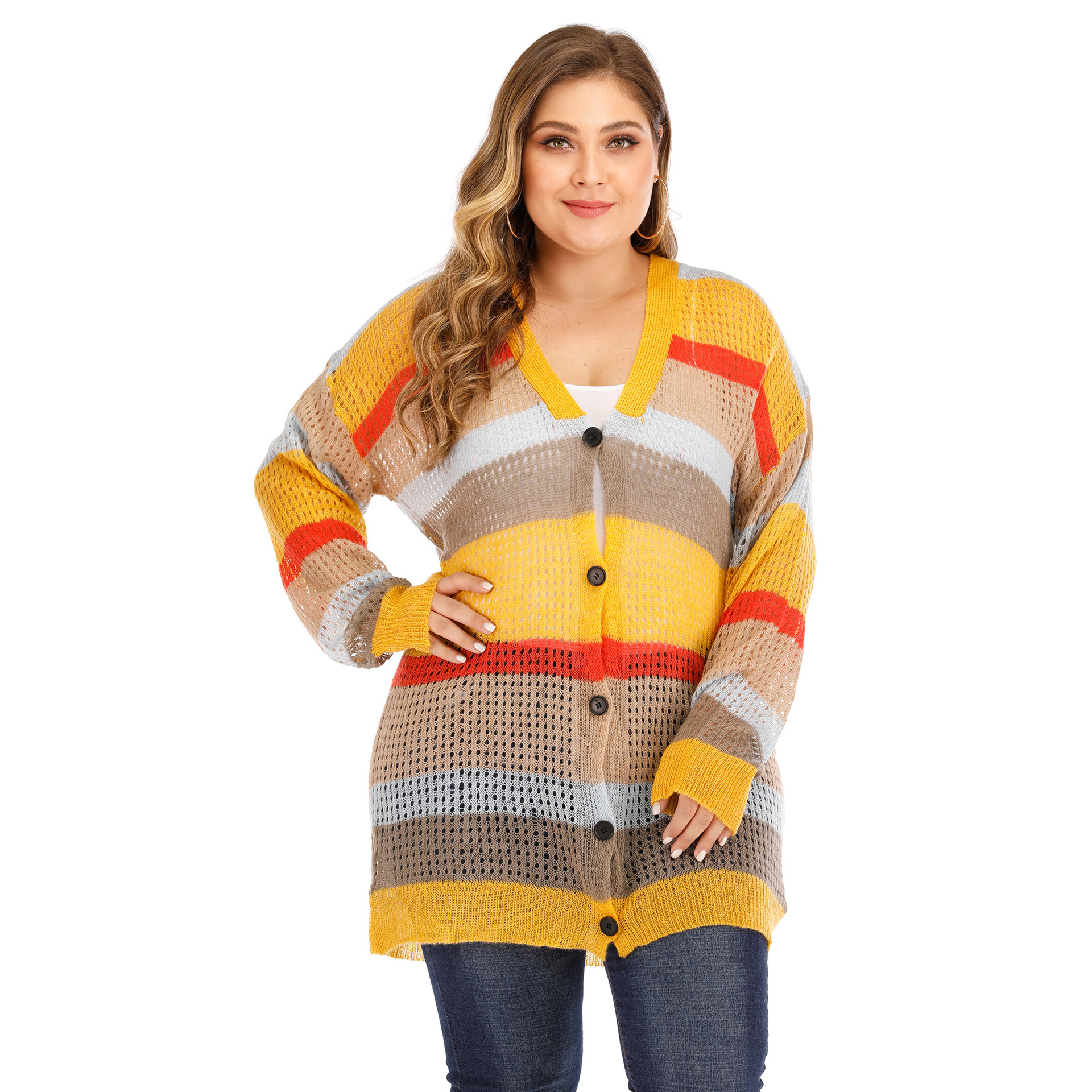 Large size color stripe contrast stitching woven cardigan NSOY51863