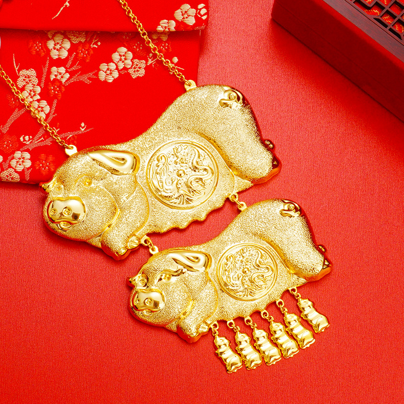 Oro tienda ventana imitación oro puro boda doble bendición cerdo marca Collar chapado en oro arena oro dragón y Fénix boda collar nupcial