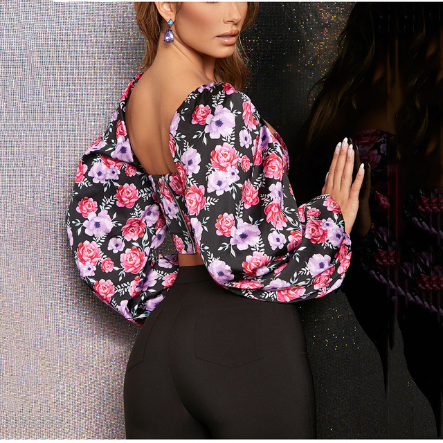 European and American short printed bubble sleeve long sleeve V-neck open navel top