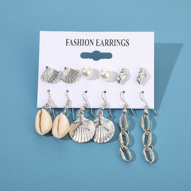 Earrings Marine Wind Pearl Conch Scallop Shell Earrings Earrings 6-piece Set Female display picture 4