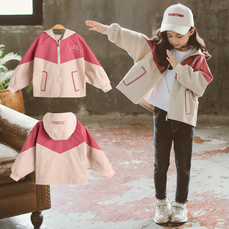 Girls' coat 2020 autumn new Korean children's wear children's long sleeve color blocking short embroidered jacket one hair substitute