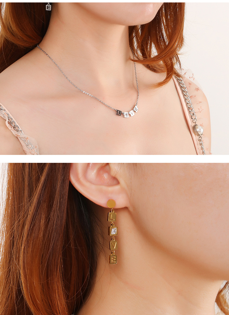 Korean Love Square Zircon Titanium Steel Clavicle Chain Earrings Set Wholesale display picture 5