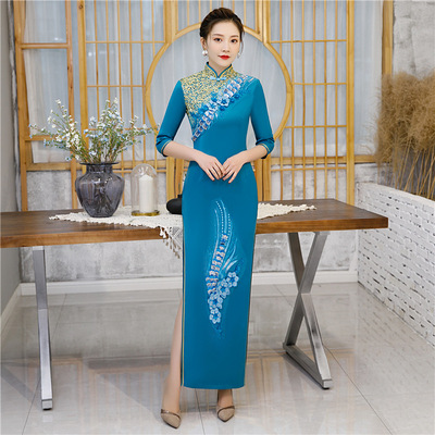 Chinese Dress Qipao for women Standing collar sky blue cheongsam national sleeve reception etiquette dress show cheongsam