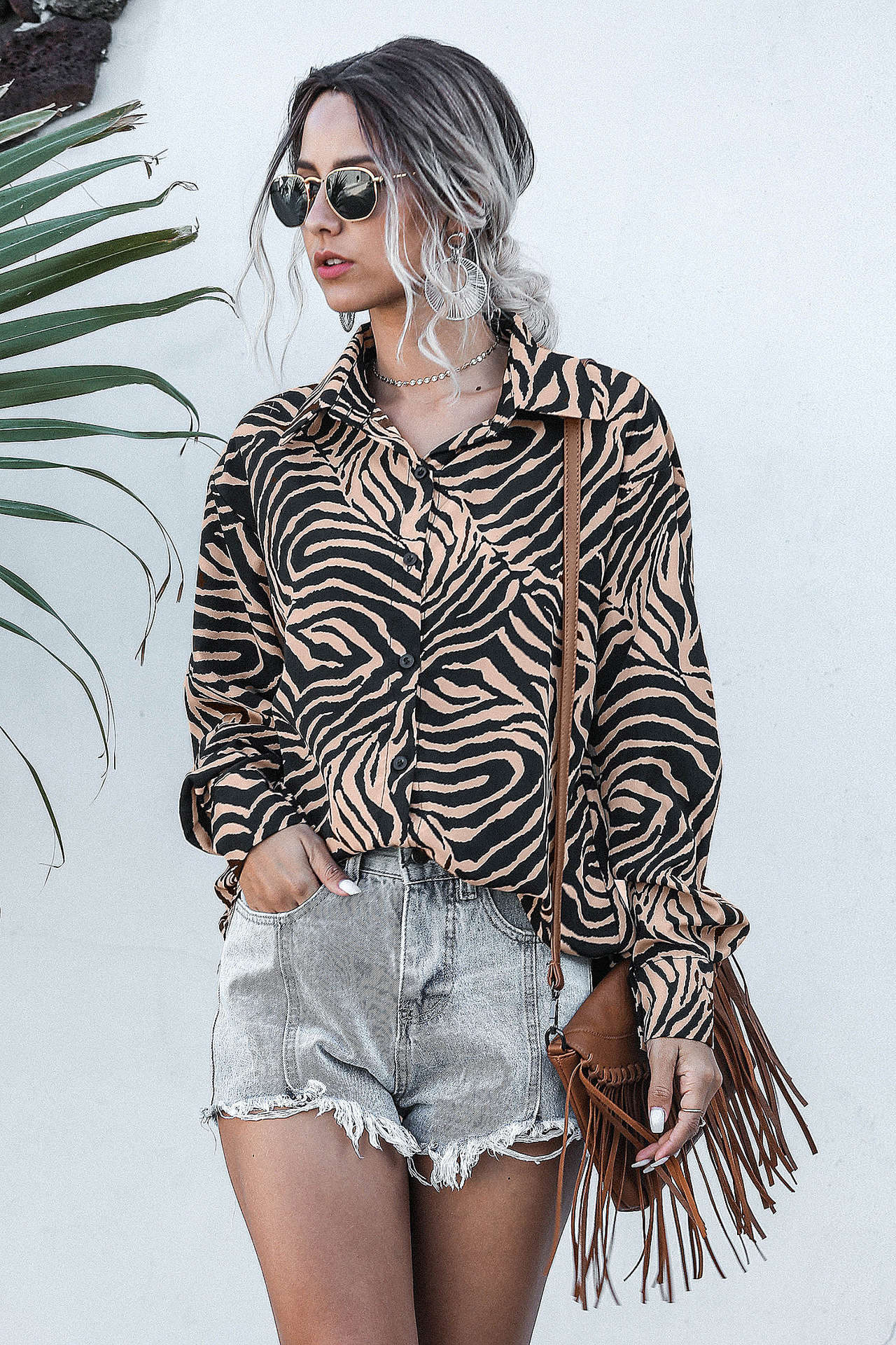 leopard print long sleeve loose chiffon shirt NSMY24587