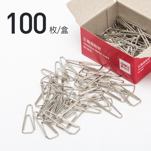 Deli 0051 Triangular Paperclip 3# Metal Triangular Paperclip Thickened Electroplating 100 pieces/box