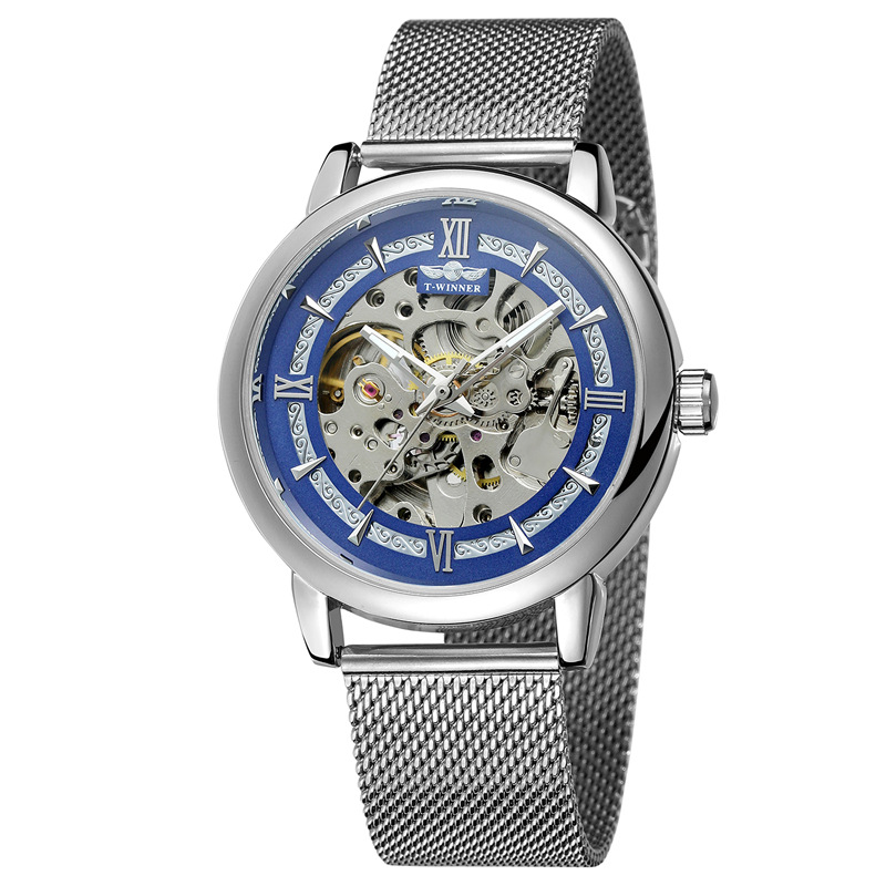 Ganador reloj mecánico automático de los hombres moda hueco transparente Fondo volante Acero inoxidable malla cinturón reloj mecánico B099