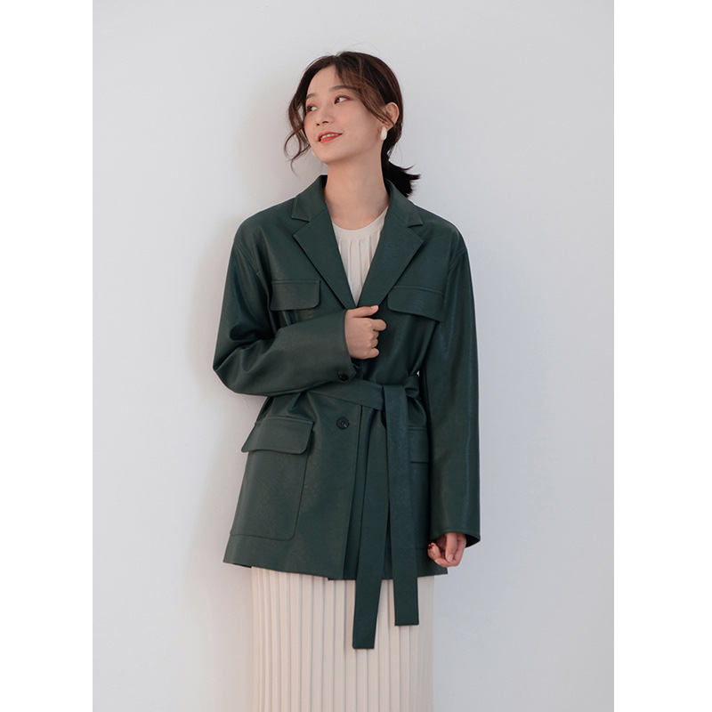 2019秋季新款皮衣外套法式慵懒风腰带皮上衣博主同款皮外套5715|ms