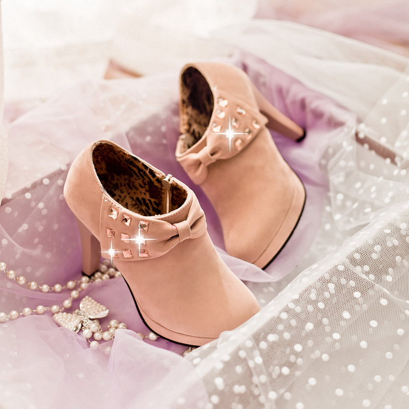 Elegant Matte Pu Platform High Heels With Rhinestone Bow Detail_voghion.com