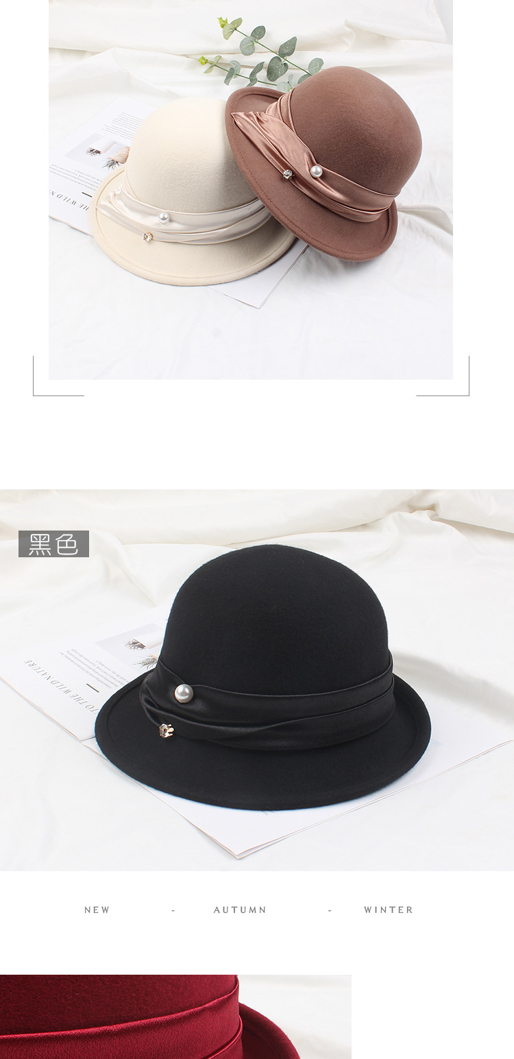 Sombrero De Fieltro Negro Con Cúpula Rizada De Diamantes De Imitación De Lana Vintage display picture 4