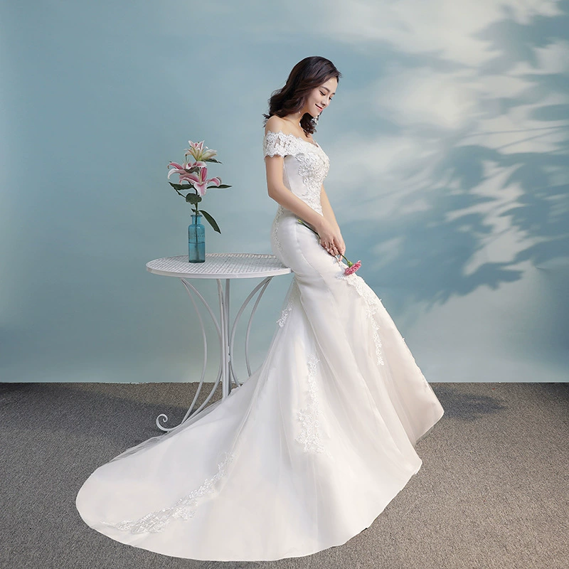 Свадебное платье, облегающий наряд принцессы для невесты, открытые плечи, разрез "хвост рыбы"