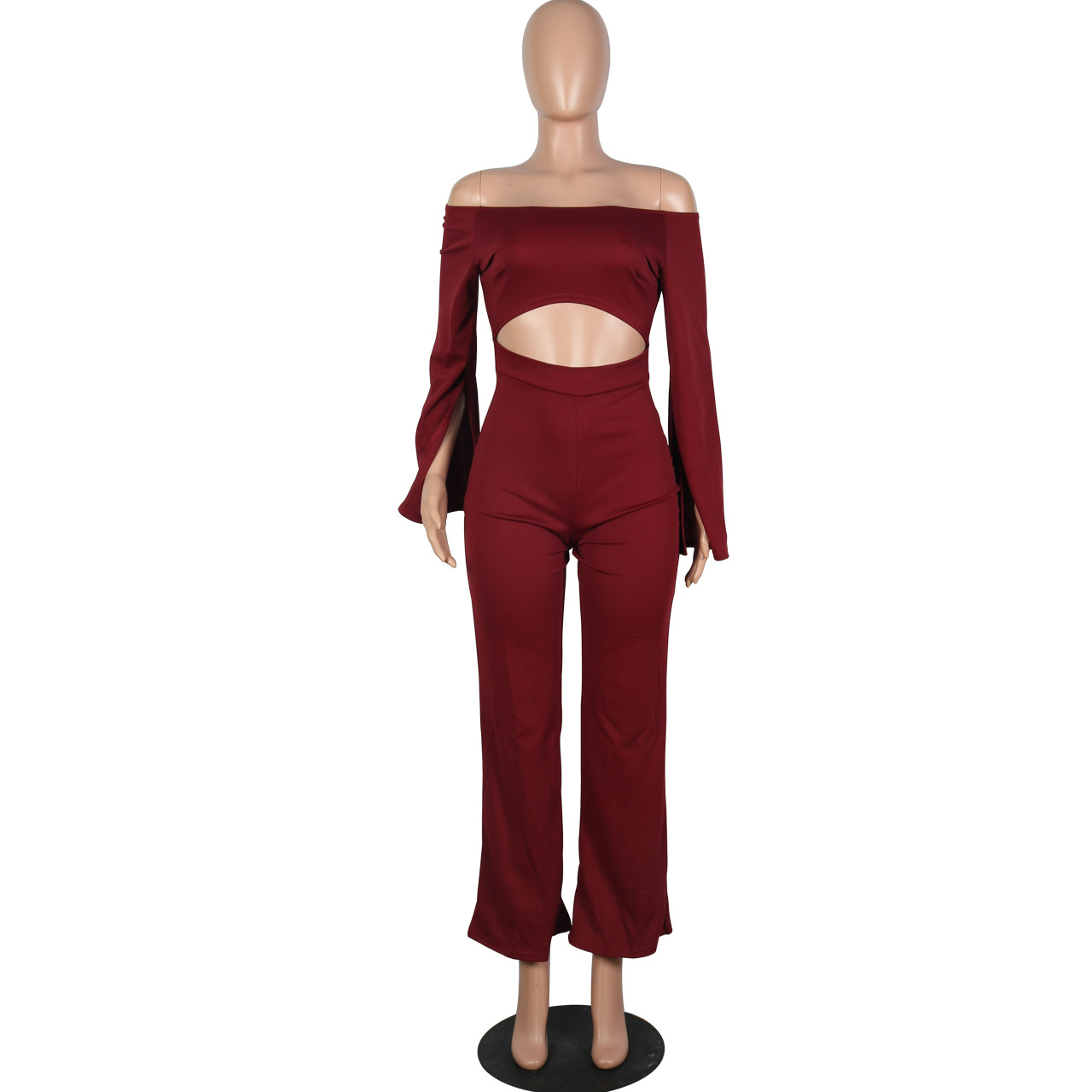 Boutique Casual Solid Color Long Sleeves Cropped off Shoulder Jumpsuit