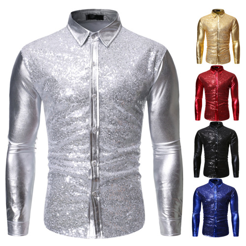 Silver gold  blue red jazz dance shirts for men youth Paragraph clubwear choir host singers groomsmen dress suit shirt young man glitter bronzing dancing dress shirt