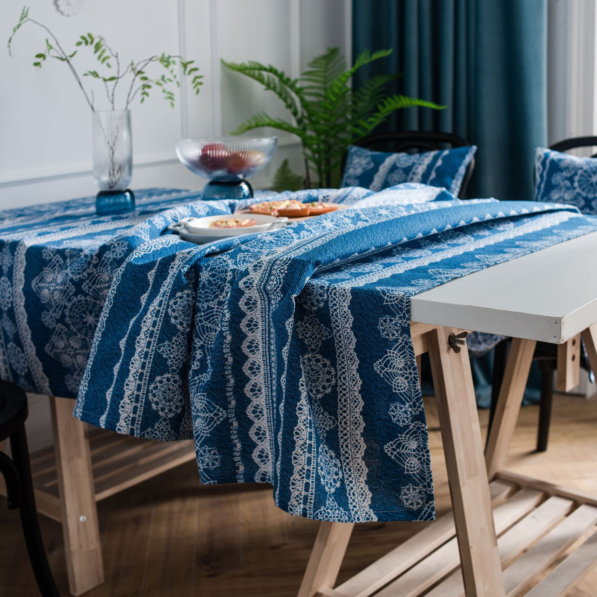 复古蓝色蕾丝印花桌布棉麻餐桌布野餐布白纸背景布咖啡店民宿