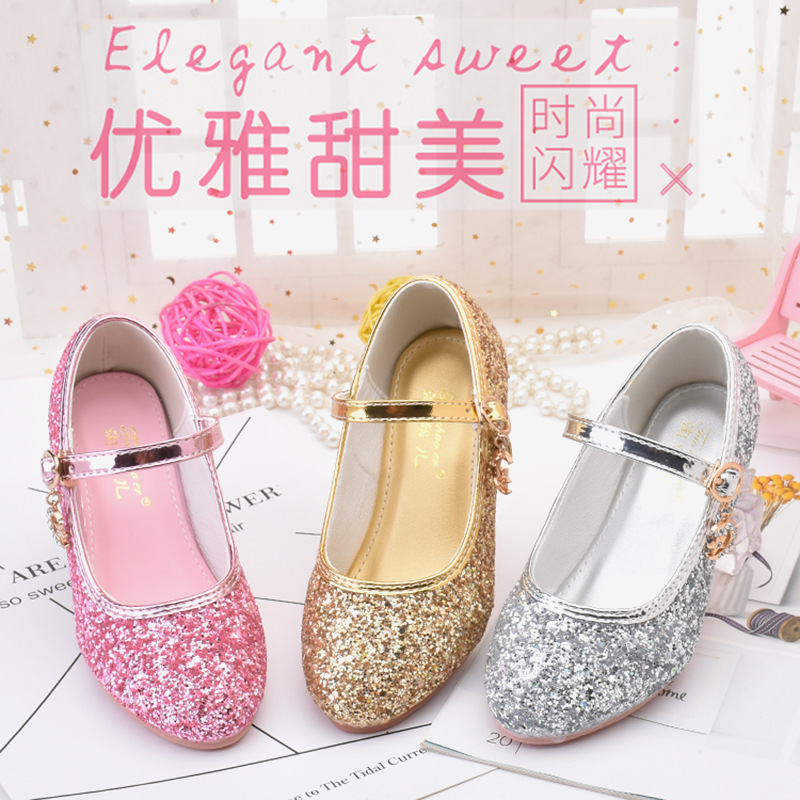 Children's Shoes Girls' Leather Shoes Little Girl's Single Shoes silver High-heeled Dress Show Children's Table Performance Princess Crystal Shoes