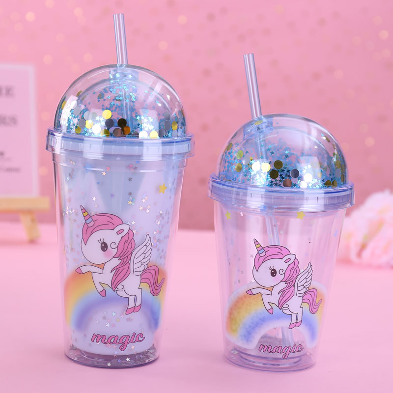 Taza de agua directa de fábrica patrón personalizado unicornio taza ins chica corazón doble capa taza de paja de plástico taza