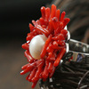 Ring, accessory from pearl, coral oolong tea Da Hong Pao, flowered, silver 925 sample