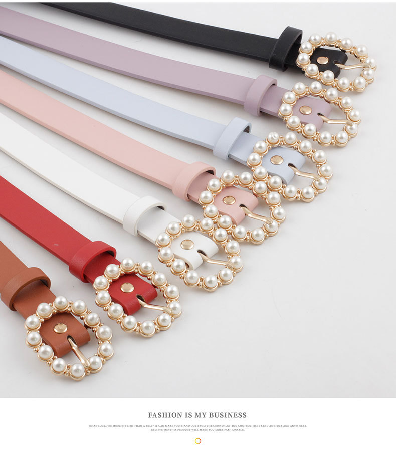 55g Weight Artificial Pearls Inlay Material Belt Classification Elegant Solid Color Pu Leather Alloy Inlay Artificial Pearls Women's Leather Belts