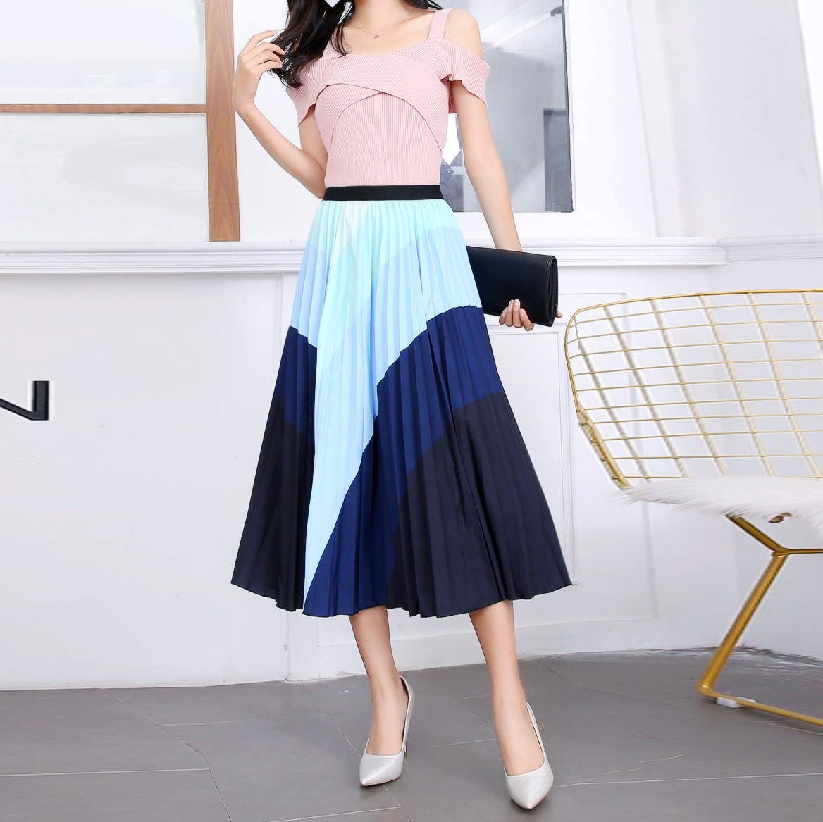 New Type Skirt Women's Dress  Elastic Waist Pleated Skirt Printed Medium Length Half Skirt Pleated Large Swing A-line Skirt