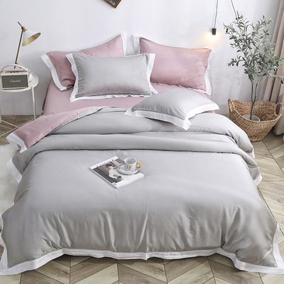 轻奢简约酒店风拼色60支天丝床上用品四件套1.8米2米床单被套裸睡