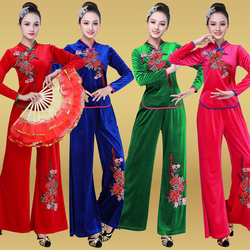 Chinese Folk Dance Dress Square dance dress women&apos;s suit golden velvet dance performance dancing clothes Yangko Costume