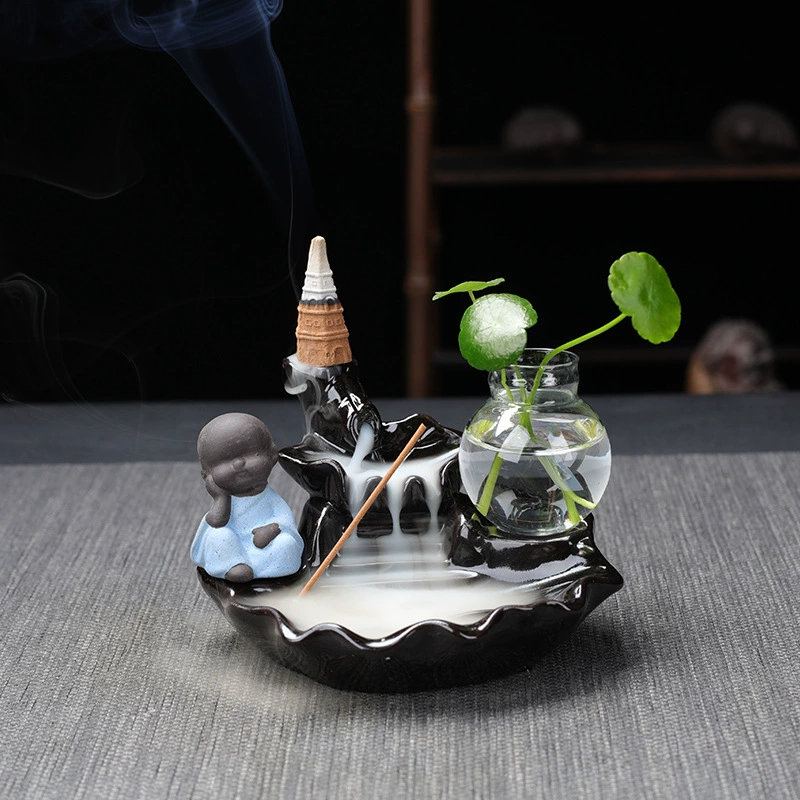  ceramic backflow incense burner (zisha) with xiao monk, flowing water design, home & office