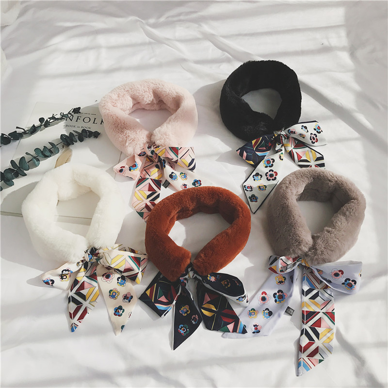 scarf Autumn and winter Versatile Korean Edition Rabbit Plush Collar Leopard Ribbon Silk scarf Fur imitation Fur collar