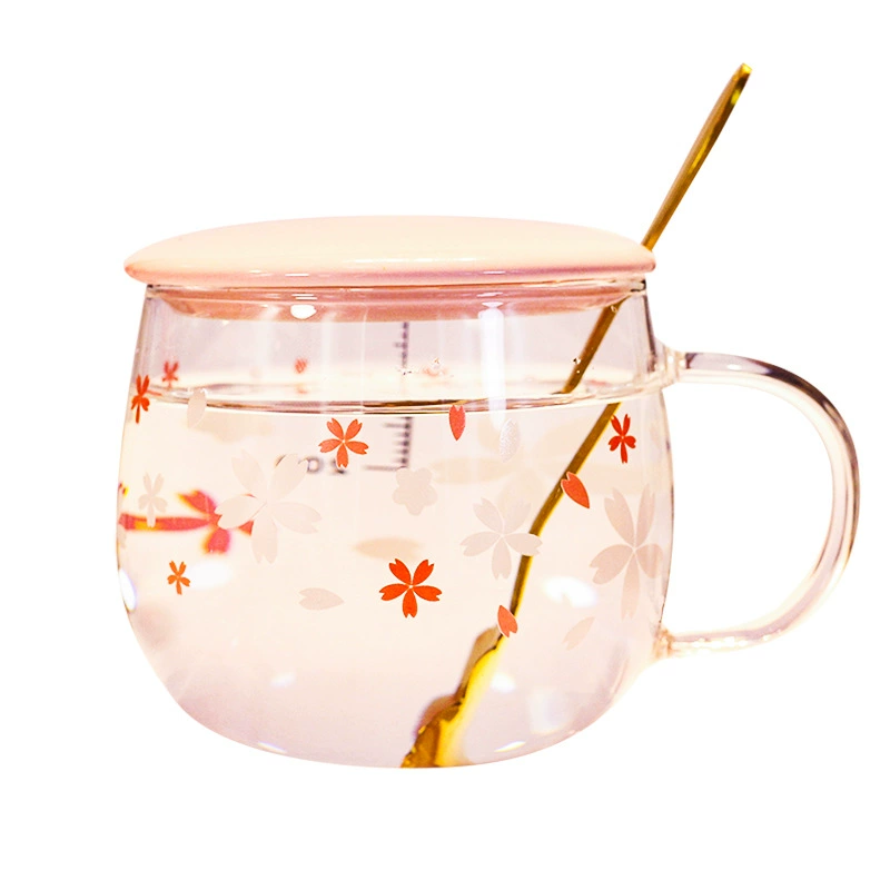 Стеклянная чашка для воды с розеткой лица Sakura, женская стеклянная чашка с крышкой одного слоя, чай, милая прозрачная термостойкая чашка для молока, японский стиль большой живот