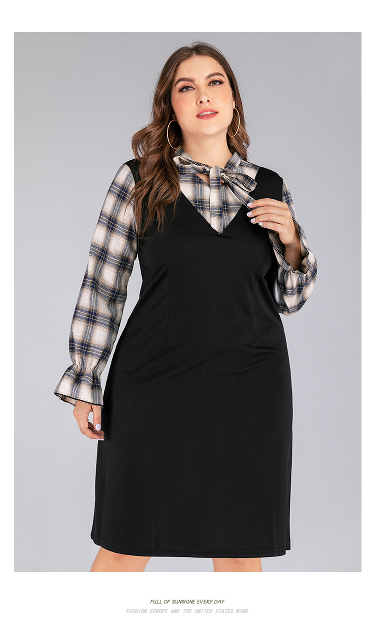 Plus size fashion bow tie long sleeve lattice slim dress  NSJR23553