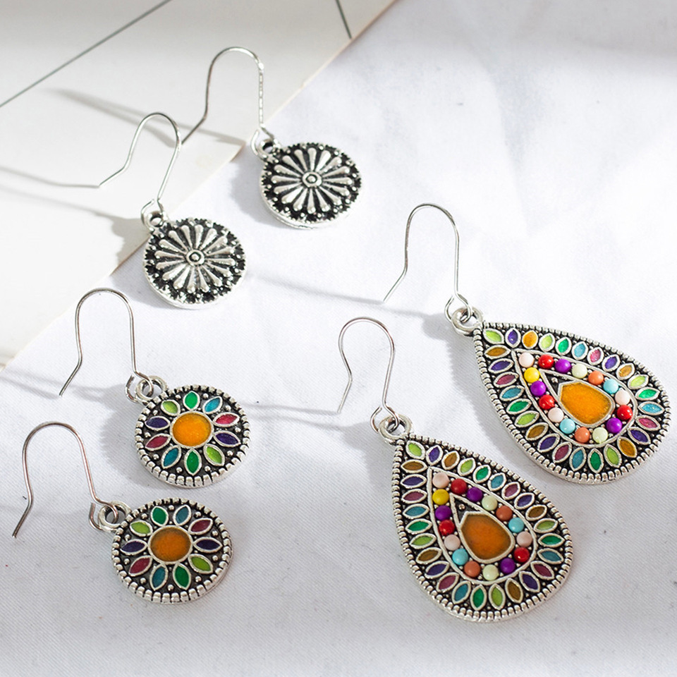 Retro Style Inlaid Rice Beads Round Oil Drop Water Color Earring Set display picture 14