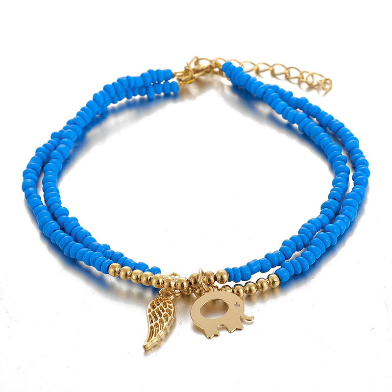 Diamond Beaded Leaf Triangular Elephant Tassel Anklet 3-Piece Set wholesales fashion