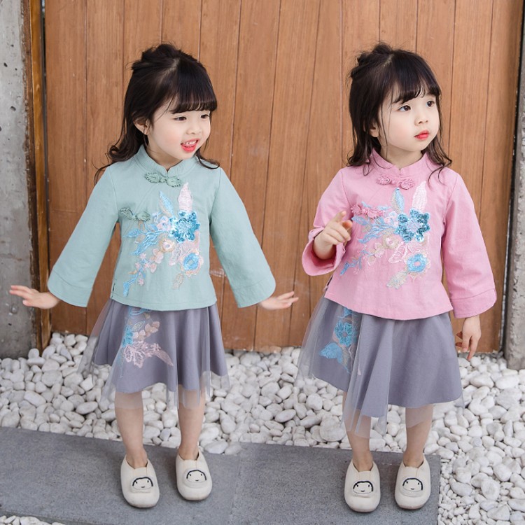 girl Hanfu Chinese style Improvement Republic of China ancient costume baby Long sleeve spring and autumn suit children Ruskirt Western style Two piece set