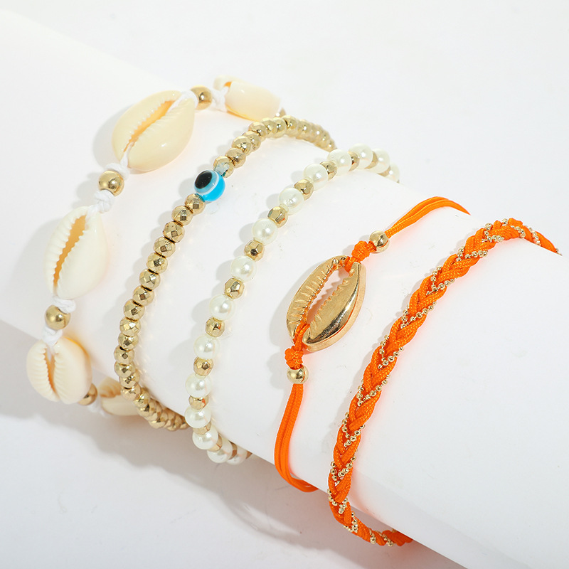 Bohemia Hand-woven Wax Thread Rice Beads Eyes Conch Shell Anklet 5-piece Set Wholesales Fashion display picture 2