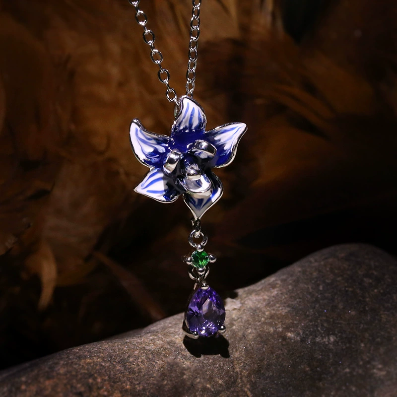 Floral pendant and earring set, zircon stones with enamel detailing, European style